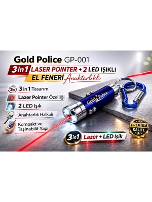 Balkan Grup Gold Police GP-001 3 In 1 Laser Pointer + 2 LED Işıklı El Feneri Anahtarlıklı 1 Adet
