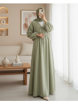 Moda Morfo Yakası Bağlamalı Kolu Ve Beli Lastikli Müslin Elbise -Çağla Y.