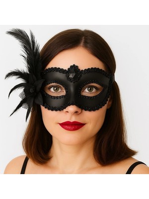 Balkan Grup Siyah Mat Renk Yandan Tüylü Güllü Parti Balo Venedik Maskesi 16X22