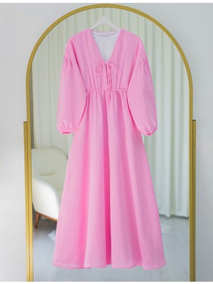 Modamorfo Yakası Bağlamalı Kolu ve Beli Lastikli Müslin Elbise -Pembe