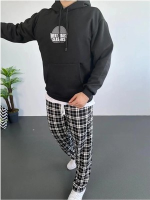 Erkek Sırt Baskılı Kapüşonlu Üç Iplik Oversize Sweatshirt - Siyah