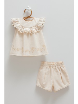 Caramell Mını Lady Çiçek Detaylı Keten Alt Üst Takım - Bej - 68-74 cm Bej