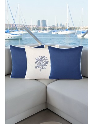 Visionario Kırlent Kılıfı 45X45 3'lü Marin Set Nakışlı Yosun Desen + Düz Su Itici Outdoor Keten Tekne Bahçe