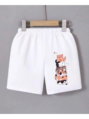 Kadın Beli Lastikli Baskılı Mini Şort - Beyaz