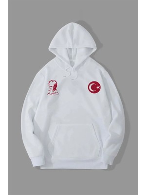 Erkek 10 Kasıma Özel Üç Iplik Kapüşonlu Baskılı Sweatshirt - Beyaz