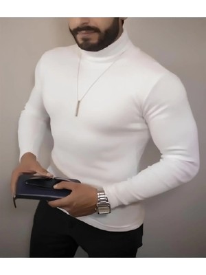 Erkek Kaşkorse Boğazlı Full Likralı Fitilli Body Kazak - Beyaz