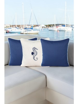 Visionario Kırlent Kılıfı 45X45 3'lü Marin Set Nakışlı Deniz Atı Desen + Düz Su Itici Outdoor Keten Tekne Bahçe