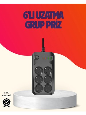 USB Type-C Destekli Termal Korumalı 6’lı Uzatma Priz 10A 2m