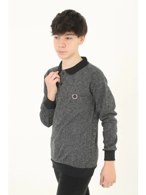 Tarz Yeri Çocuk Selanik Yaka Nakışlı Kazak - Gri