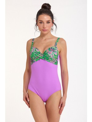 Argento Kadın Lila Çiçek Desenli Drapeli  Sırttan Bağlamalı Kaplı Mayo