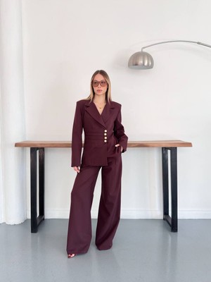 My Lunessa Mürdüm Tasarım Double Kumaş Düğme Detaylı Pantolon Ceket Takım