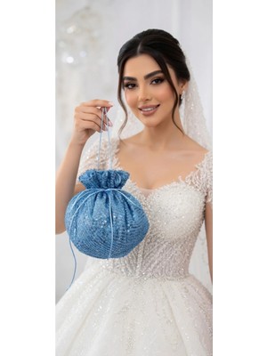 Moda Nur Gelin Kına Takı Kesesi, Takı Çantası , Mavi Renk, Pul Payet ,gelin Takı Kesesi
