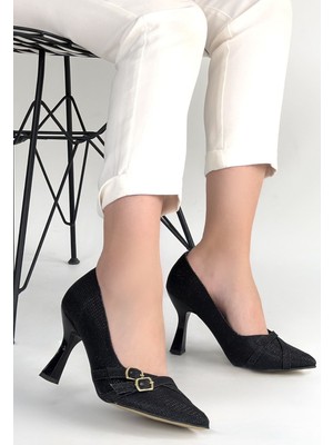 Wenda Siyah Simli Cilt Topuklu Ayakkabı - Lisinya