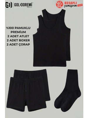 GD Goldoremi Erkek Premium %100 Pamuklu 2 Adet Klasik Rahat Ter Emen Atlet 2 Adet Boxer 2 Adet Uzun Çorap