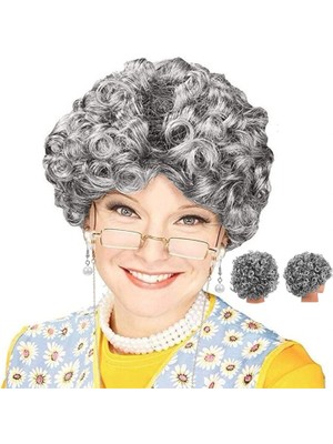Balkan Grup Gri Kıvırcık Büyükanne Peruğu Astarlı Model