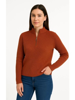 Ulak Handmader Kadın Yarım Fermuarlı Triko Kazak – Selanik Örgü, Dik Yaka, Pamuklu Dokuma, Oversize Uzun Kollu Kışlık Model - Kiremit