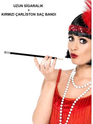 192039LER 199039LAR Gatsby Kadın Aksesuar Seti – Kırmızı Charleston Saç Bandı ve Lık - Lisinya