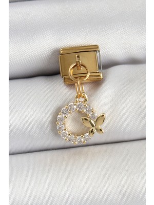 316L Çelik Sallantılı Zirkon Taşlı Kelebek Detaylı Halka Model Gold Renk Nomination Charm - Lisinya