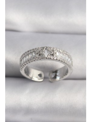 Pirinç Gümüş Renk Zirkon Taşlı Yıldız Işleme Vıp Seri Kadın Yüzük - Lisinya