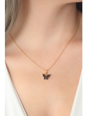 Gold Siyah Renk Kelebek Figür Kadın Kolye - Lisinya