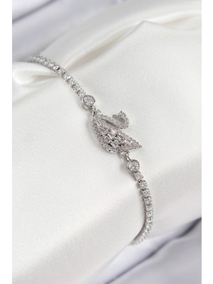 Pirinç Zirkon Taşlı Kuğu Model Gümüş Renk Kadın Bileklik - Lisinya