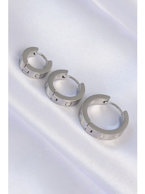 316L Çelik Gümüş Renk Model 3lü Halka Küpe - Lisinya