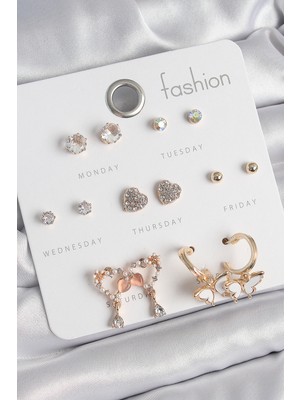 Pirinç Gold Renk Zirkon Taşlı Sallantılı Kalp Figür Kelebek Detay 7 Çift Kadın Küpe Seti - Lisinya