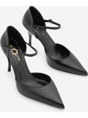 Marjin Kadın Stiletto Sivri Burun Bilekten Bantlı Ince Topuklu Ayakkabı Peltun Siyah Yılan