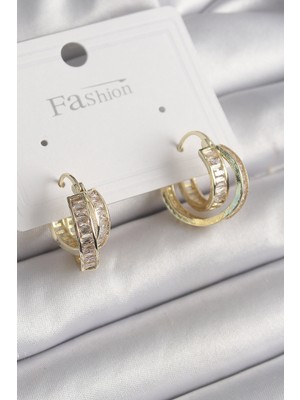 Pirinç Gold Renk Zirkon Taşlı Halka Model Kadın Küpe - Lisinya