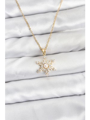 316L Çelik Zincir Gold Renk Kar Tanesi Model Zirkon Taşlı Kadın Kolye - Lisinya