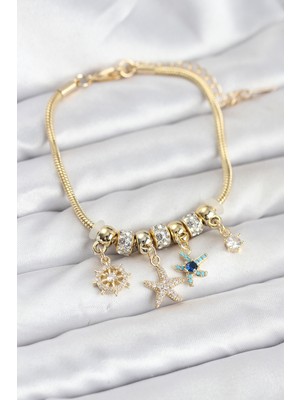 Pirinç Gold Renk Deniz Tema Charmlı Kadın Bileklik - Lisinya