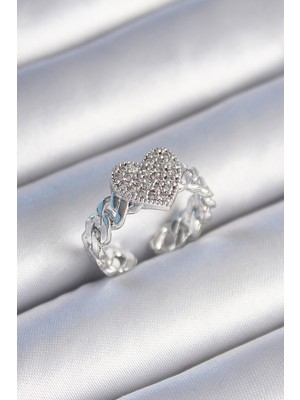 Pirinç Gümüş Renk Zincir Kordon Zirkon Taşlı Kalp Model Kadın Yüzük - Lisinya