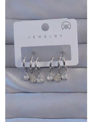 Pirinç Gümüş Renk Zirkon Taşlı Damla Model Çoklu Görünüm Yarım Halka Küpe - Lisinya