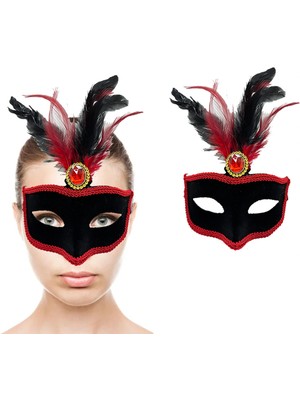 Balkan Grup Kırmızı Tüylü Siyah Süet Kaplama Parti Maskesi