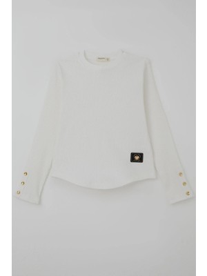 Breeze Kız Çocuk Uzun Kollu Tişört Kalp Armalı Kolları Düğme Aksesuar Detaylı 9-14 Yaş, Ekru