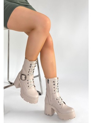 Kuzgun Ticaret Linma Bej Cilt Bağcıklı Topuklu Bot - Lisinya