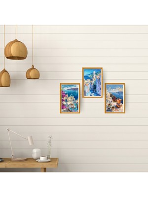 TASARIM ŞEYLER Ege Esintisi: 3’lü Yunan Adaları & Santorini Temalı Yağlı Boya Görünümlü Tablo Seti