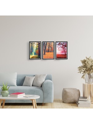TASARIM ŞEYLER Altın Sonbahar: 3’lü Gün Işığı ve Orman Temalı Manzara Tablo Seti