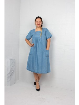 Truva Xxl Kare Yaka Kot Elbise Beden Günlük Şık Denim Elbise