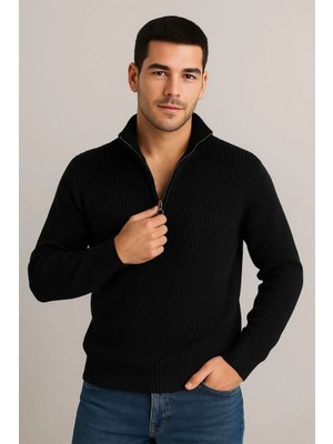 Pileli Store Erkek Yarım Fermuarlı Triko Kazak Selanik Örgü Dik Yaka Pamuklu Dokuma Regular Fit - Siyah