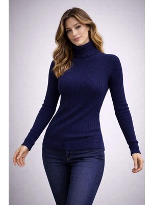 Pileli Store Kadın Balıkcı Yaka Bağazlı Triko Kazak Pamuklu Kalın Fitilli Dokuma - Lacivert
