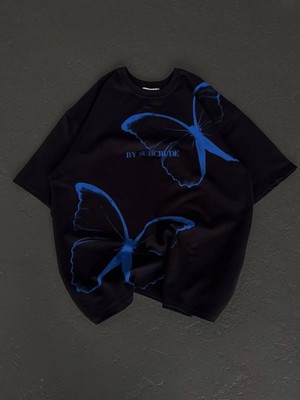 Pileli Store Kadın Bisiklet Yaka Baskılı Oversize T-Shirt - Siyah