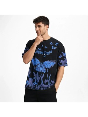 Pileli Store Erkek Asit Yıkamalı Oversize Tişört Mavi Kelebek Baskılı Dijital Print Bisiklet - Siyah
