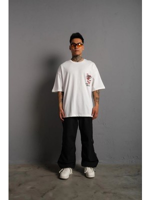 Pileli Store Erkek Sırt Baskılı Oversize  kısa Kol T-Shirt - Beyaz