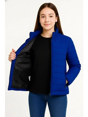 Pileli Store Kız Çocuk Şişme Mont Hafif ve Sıcak Tutucu Fermuarlı Su Itici Mont Kapüşonuz - Saks Mavisi