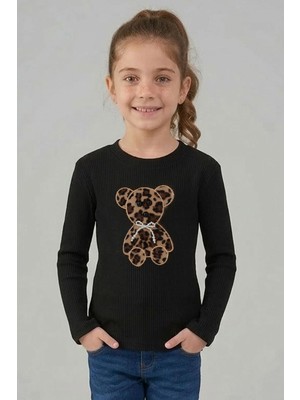 Breeze Kız Çocuk Uzun Kollu Tişört Incili Aplike Leopar Ayıcık Nakışlı 5-10 Yaş, Siyah