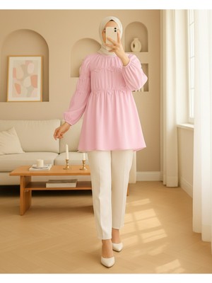 Modamorfo Kolları Lastikli Papatya Detaylı Poplin Tunik -Pudra