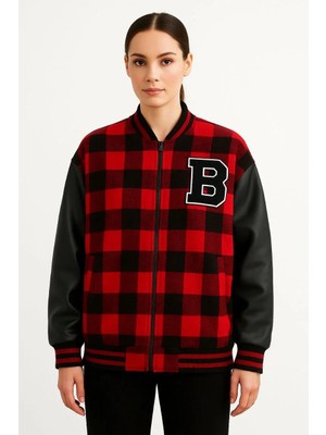 Pileli Store Kadın Kolej Ceket Kareli Oduncu Kolları Suni Deri Fermuarlı Içi Kapitone Astarlı - Bordo