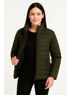Pileli Store Kadın Bomber Mont Ceket – Su Itici Kumaş, Kapitone Astarlı, Fermuarlı, Kışlık - Haki