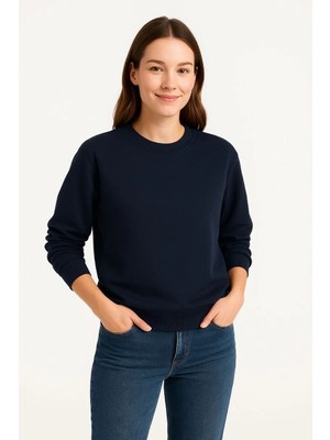 Pileli Store Kadın Üç Iplik Düz Bisiklet Yaka Sweatshirt - Lacivert